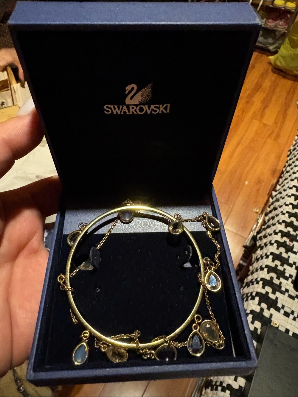 Swarovski Gold Bangle with Clear Teardrop Crystal Charms